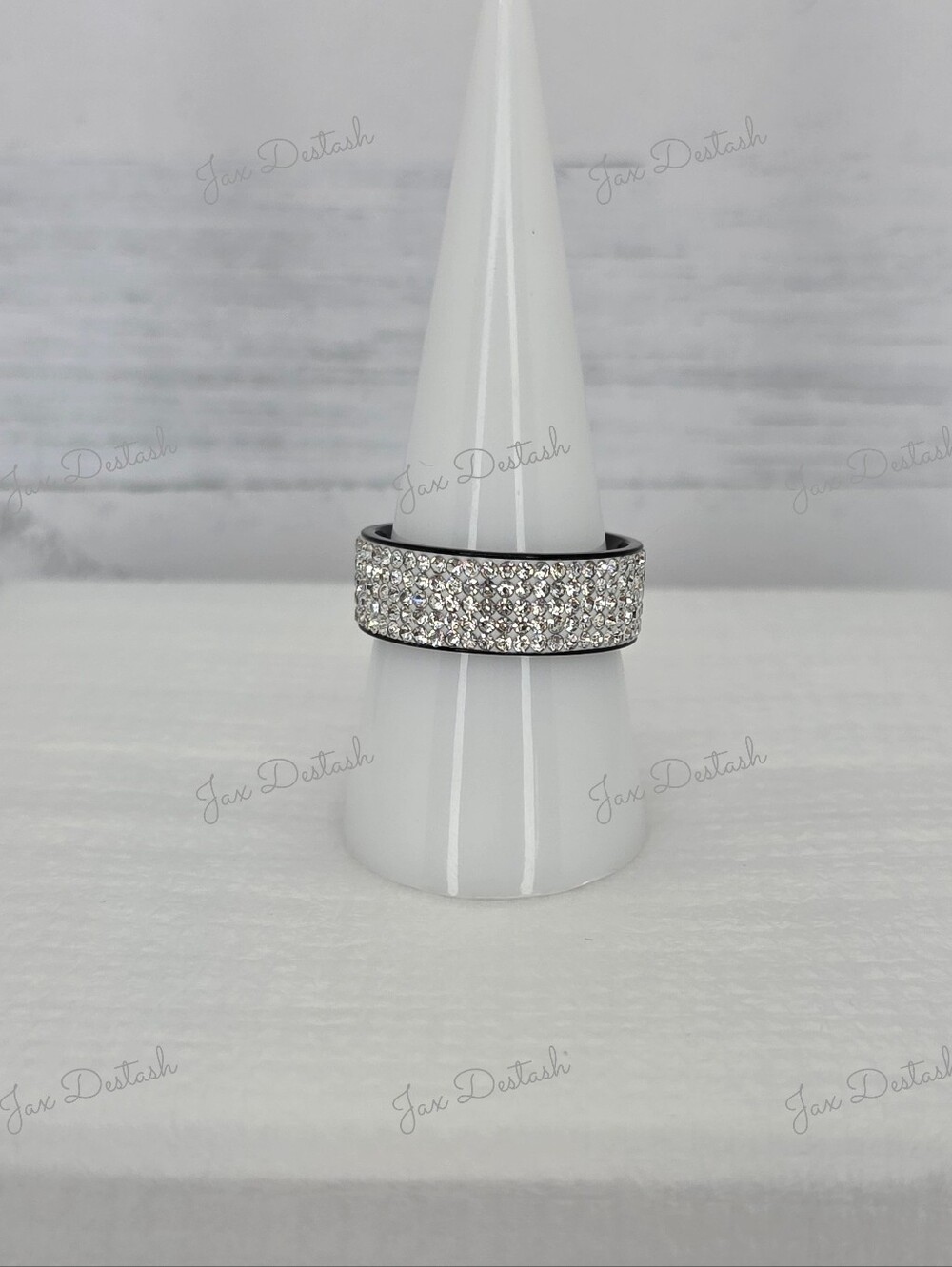 Stainless Steel Crystal Pavé Silver-Tone Wide Band Ring